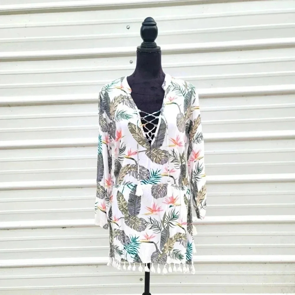 Blue Island Floral Leaf Bird of Paradise Peasant Dress Swim Coverup Womens Small